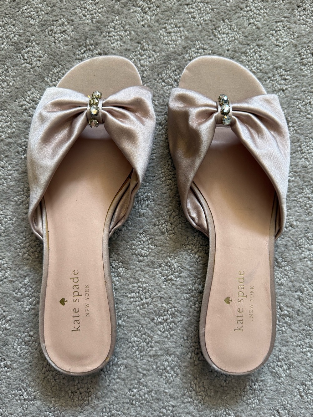 Kate Spade Blush Pink Satin Bow Slide Sandals Rhinestone Accent Flats Size: 6.5